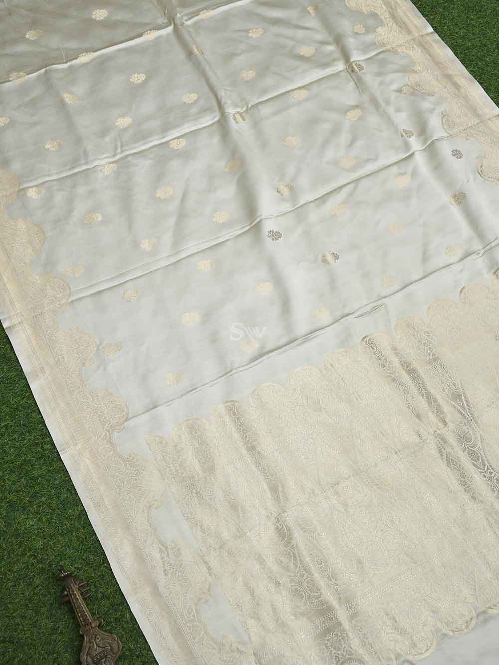 Cream Booti Satin Silk Handloom Banarasi Saree - Sacred Weaves