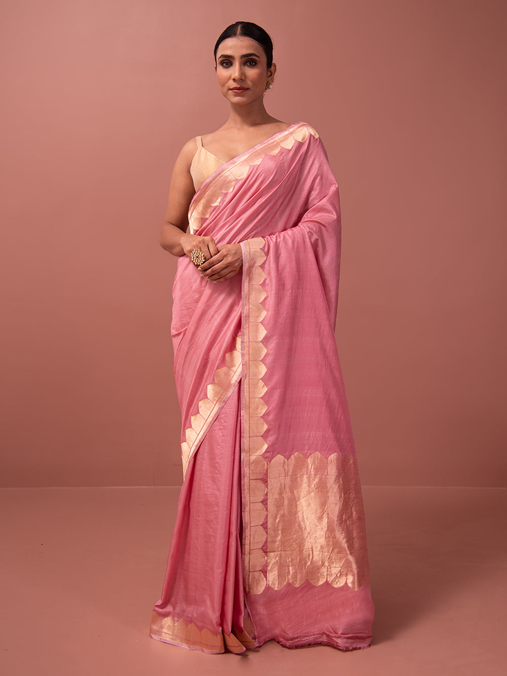 Pink Plain Satin Silk Handloom Banarasi Saree - Sacred Weaves