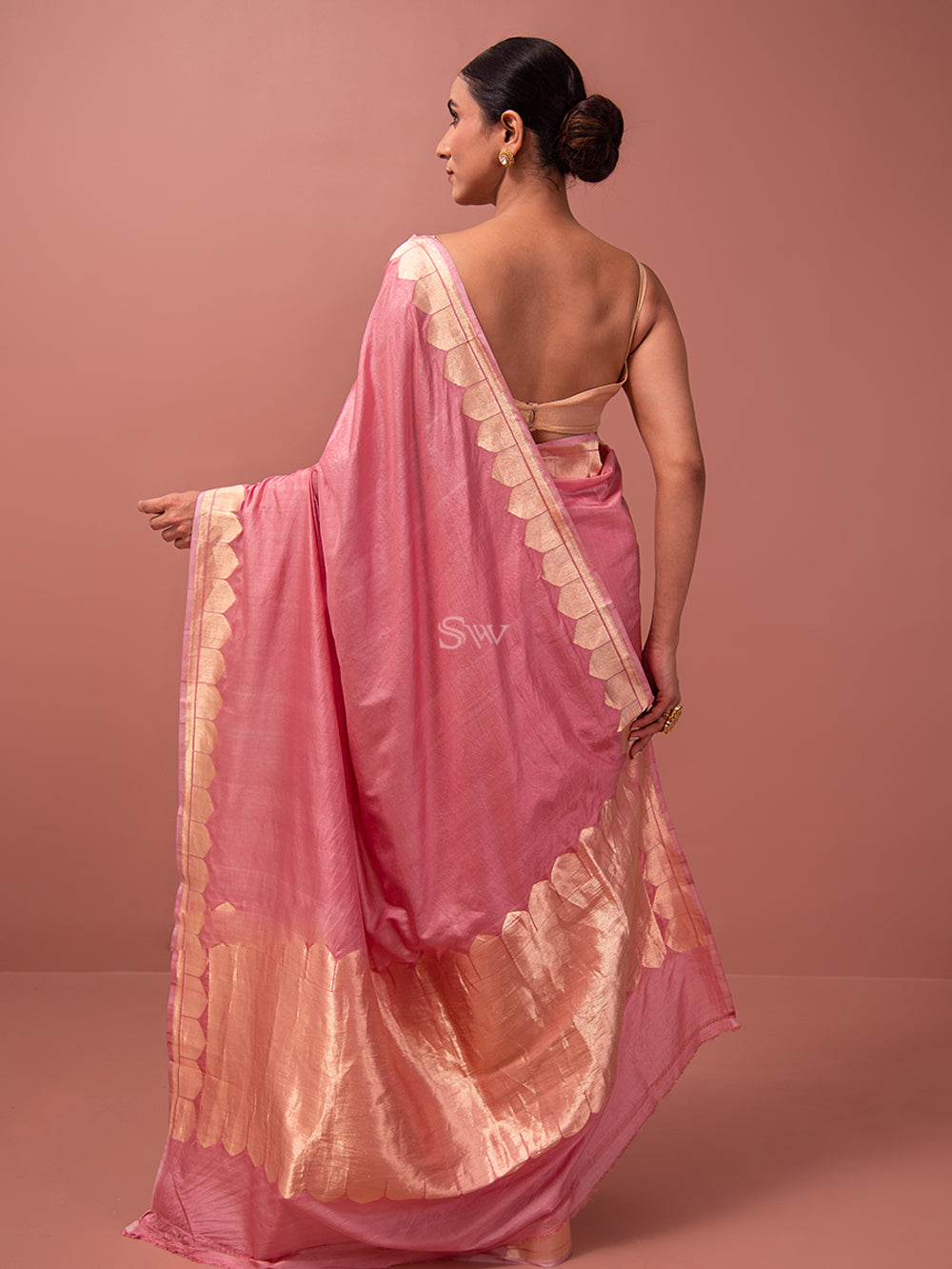 Pink Plain Satin Silk Handloom Banarasi Saree - Sacred Weaves