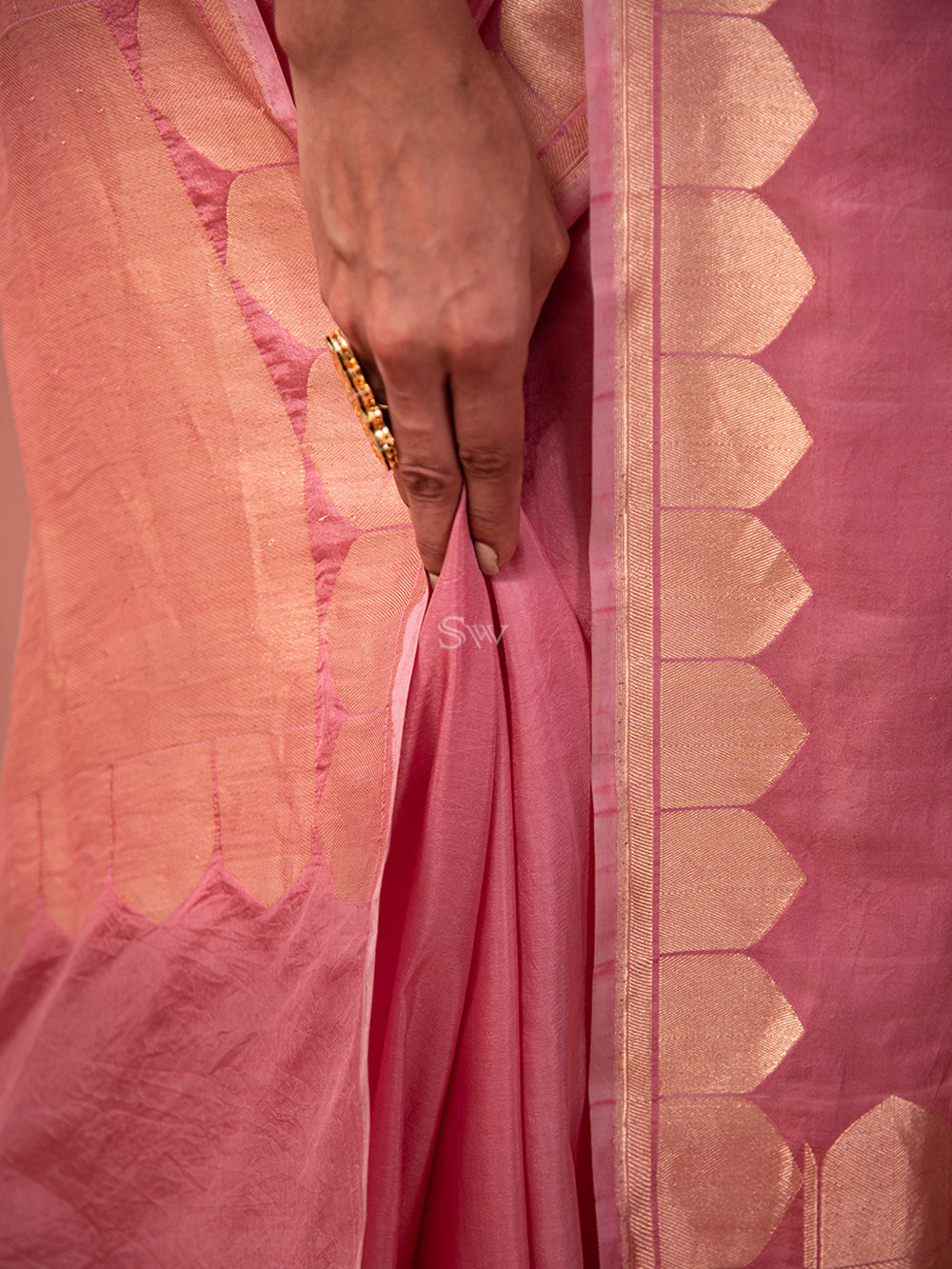 Pink Plain Satin Silk Handloom Banarasi Saree - Sacred Weaves