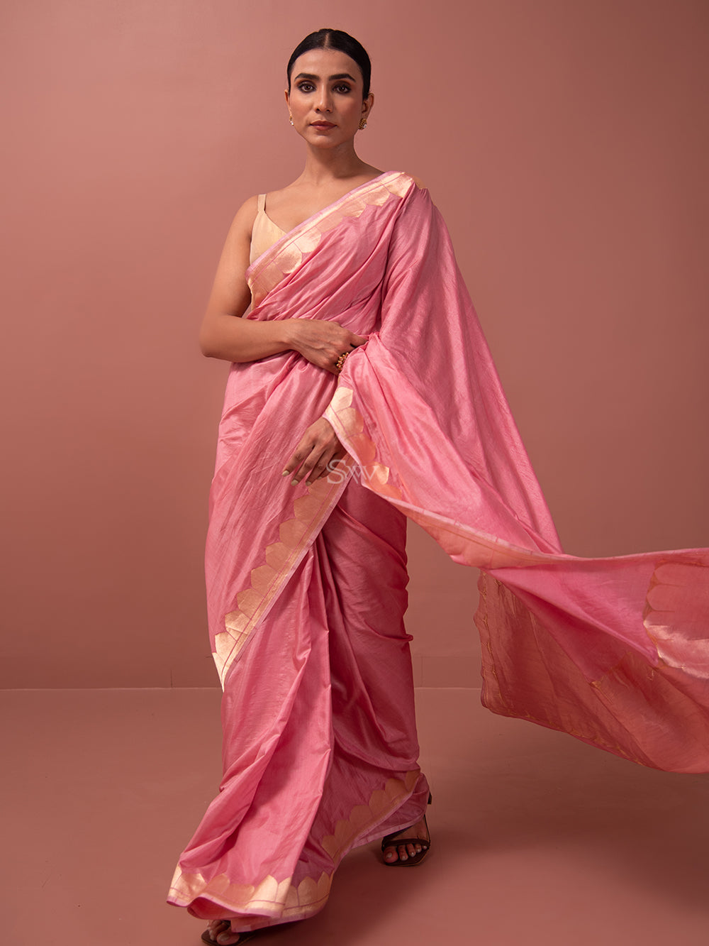 Pink Plain Satin Silk Handloom Banarasi Saree - Sacred Weaves