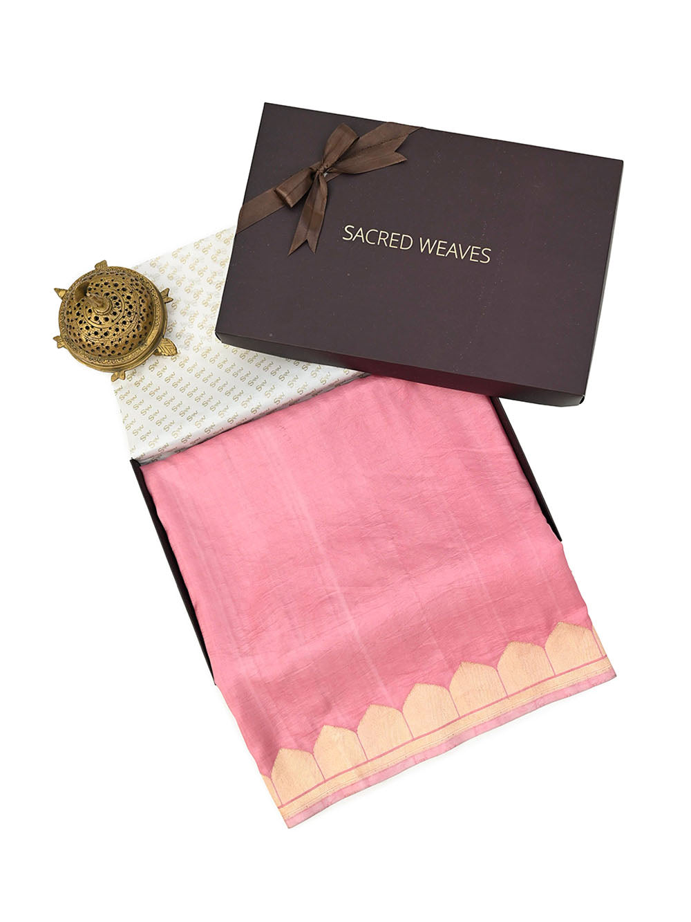 Pink Plain Satin Silk Handloom Banarasi Saree - Gift Box