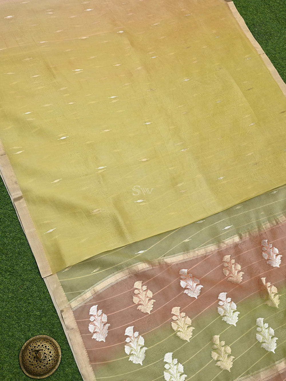 Pastel Green Pink Booti Organza Handloom Banarasi Saree - Sacred Weaves