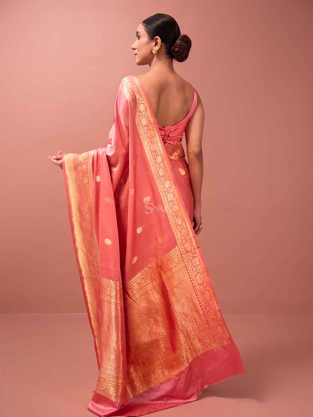 Pink Booti Satin Silk Handloom Banarasi Saree