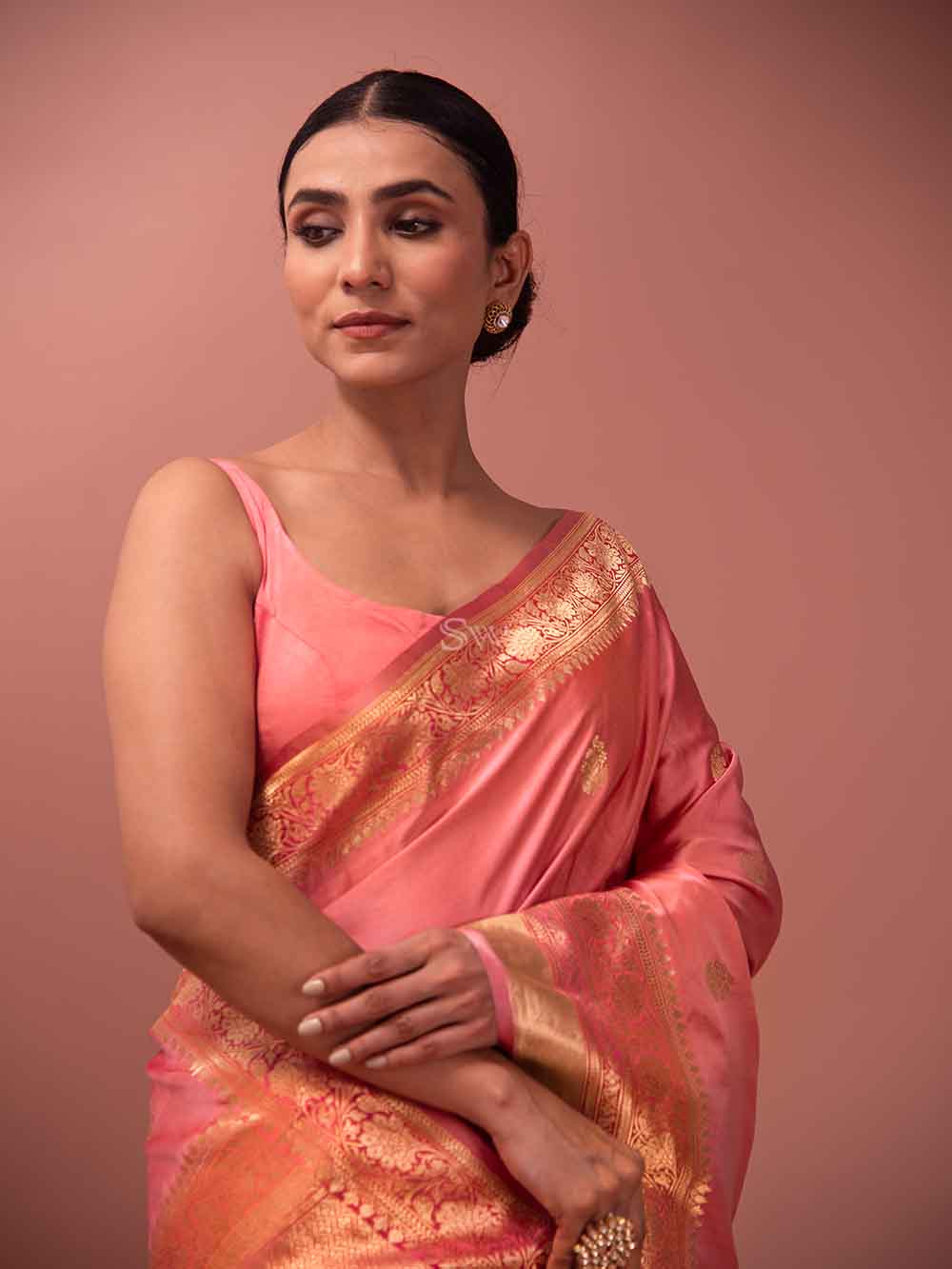 Pink Booti Satin Silk Handloom Banarasi Saree