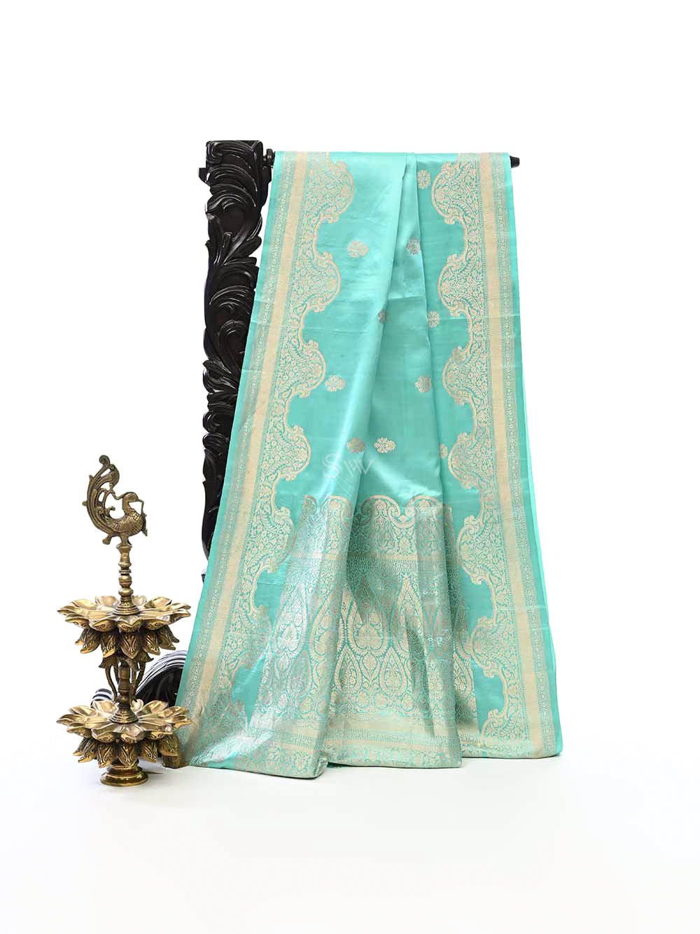 Aqua Blue Booti Satin Silk Handloom Banarasi Saree - Sacred Weaves