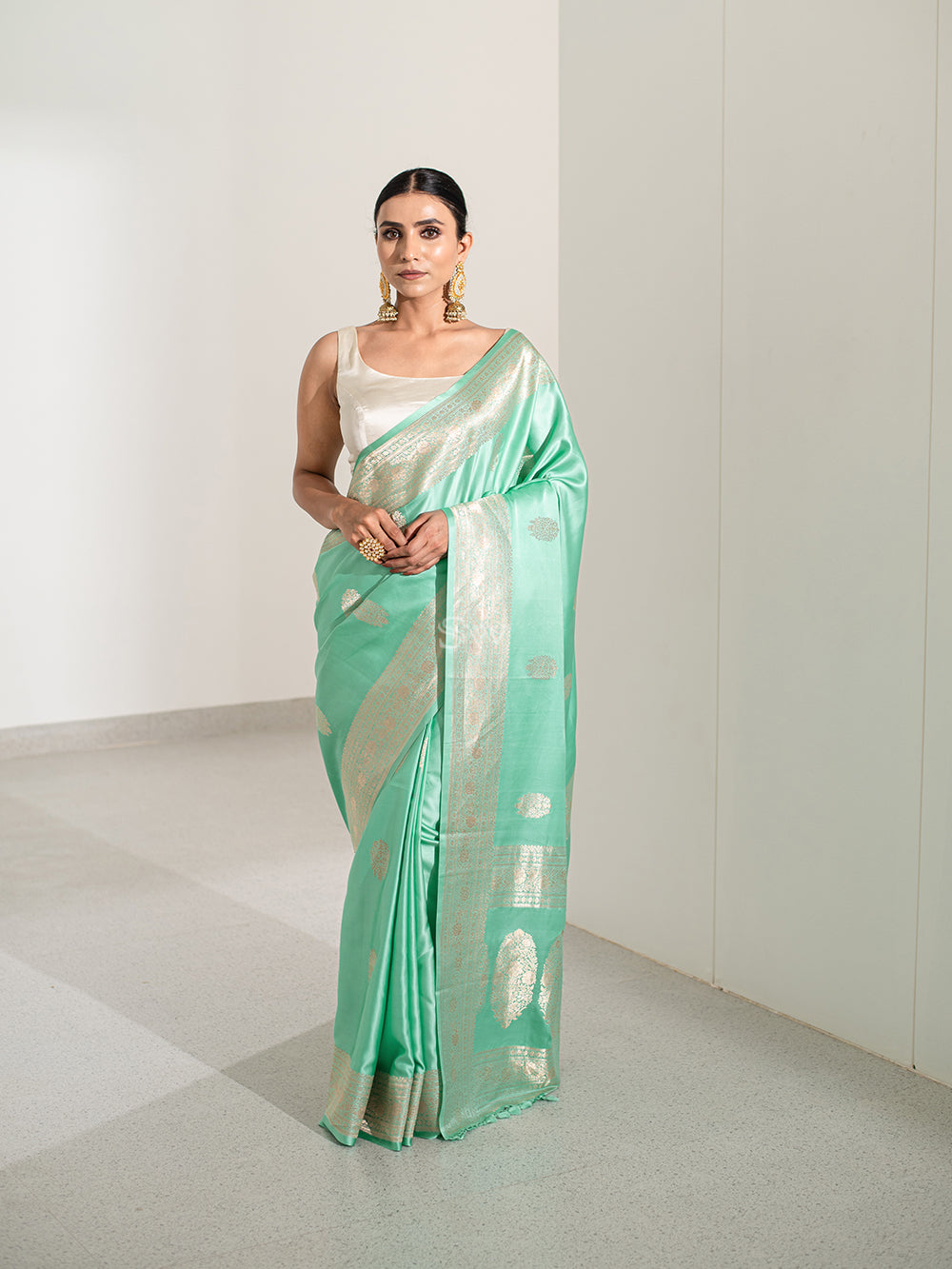 Aqua Green Boota Satin Silk Handloom Banarasi Saree - Sacred Weaves