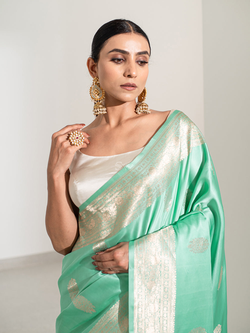 Aqua Green Boota Satin Silk Handloom Banarasi Saree - Sacred Weaves