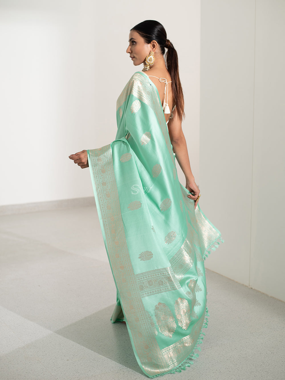 Aqua Green Boota Satin Silk Handloom Banarasi Saree - Sacred Weaves