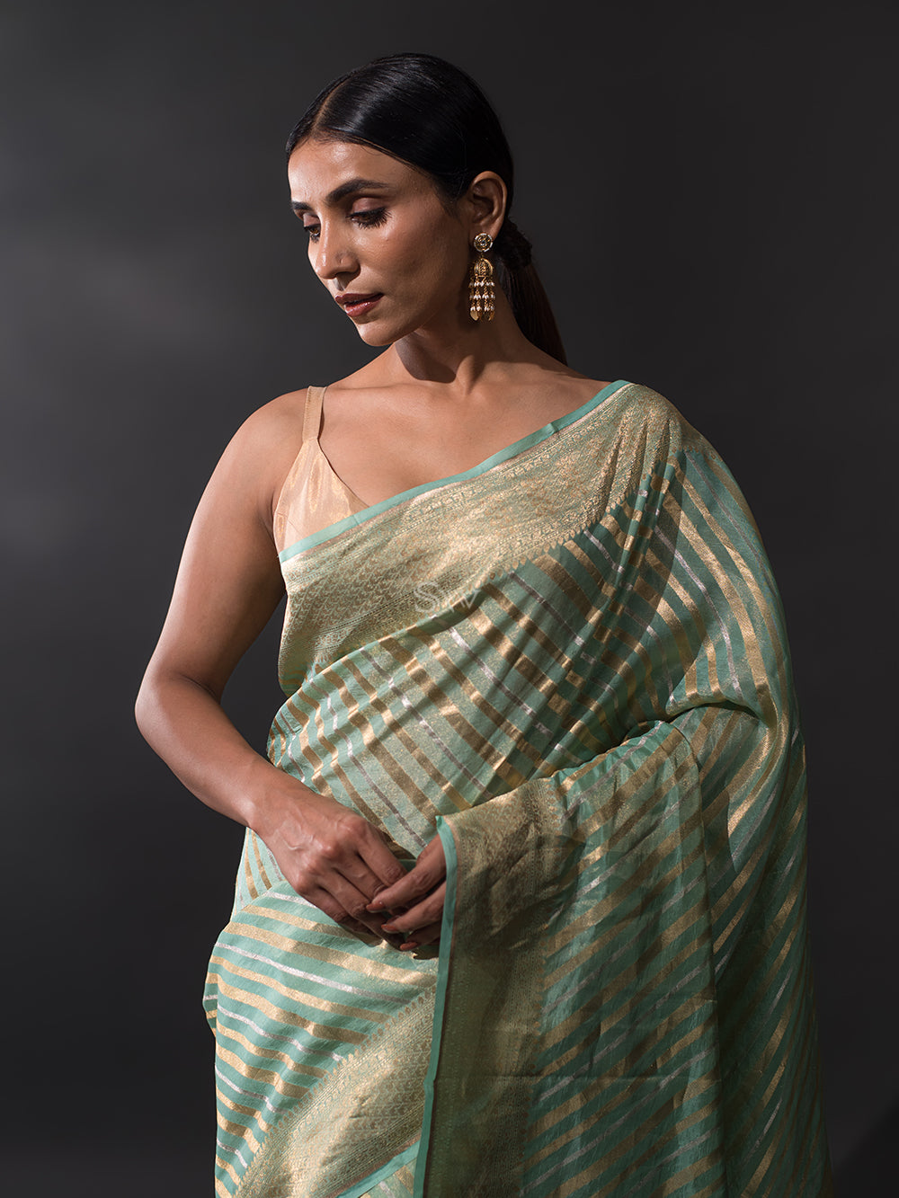 Sea Green Tissue Rangkat Handloom Banarasi Saree - Sacred Weaves