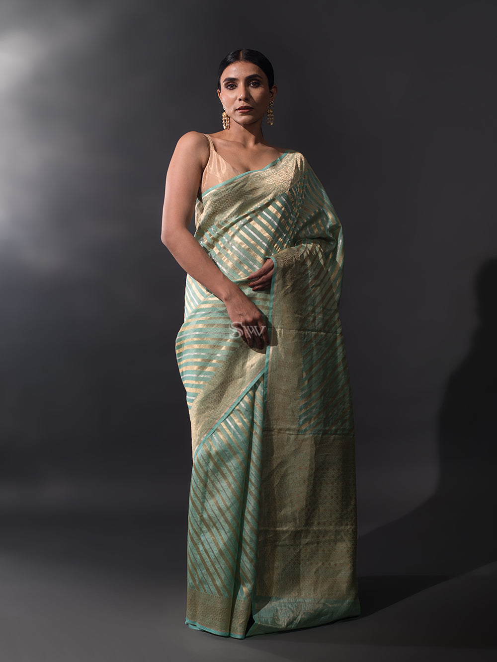 Sea Green Tissue Rangkat Handloom Banarasi Saree - Sacred Weaves