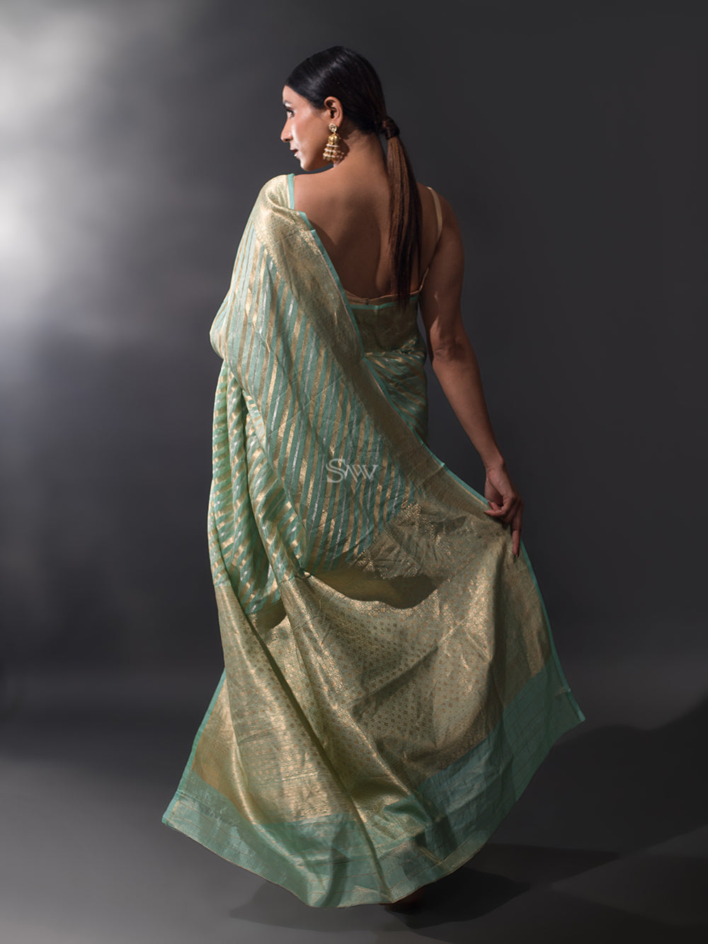 Sea Green Tissue Rangkat Handloom Banarasi Saree - Sacred Weaves