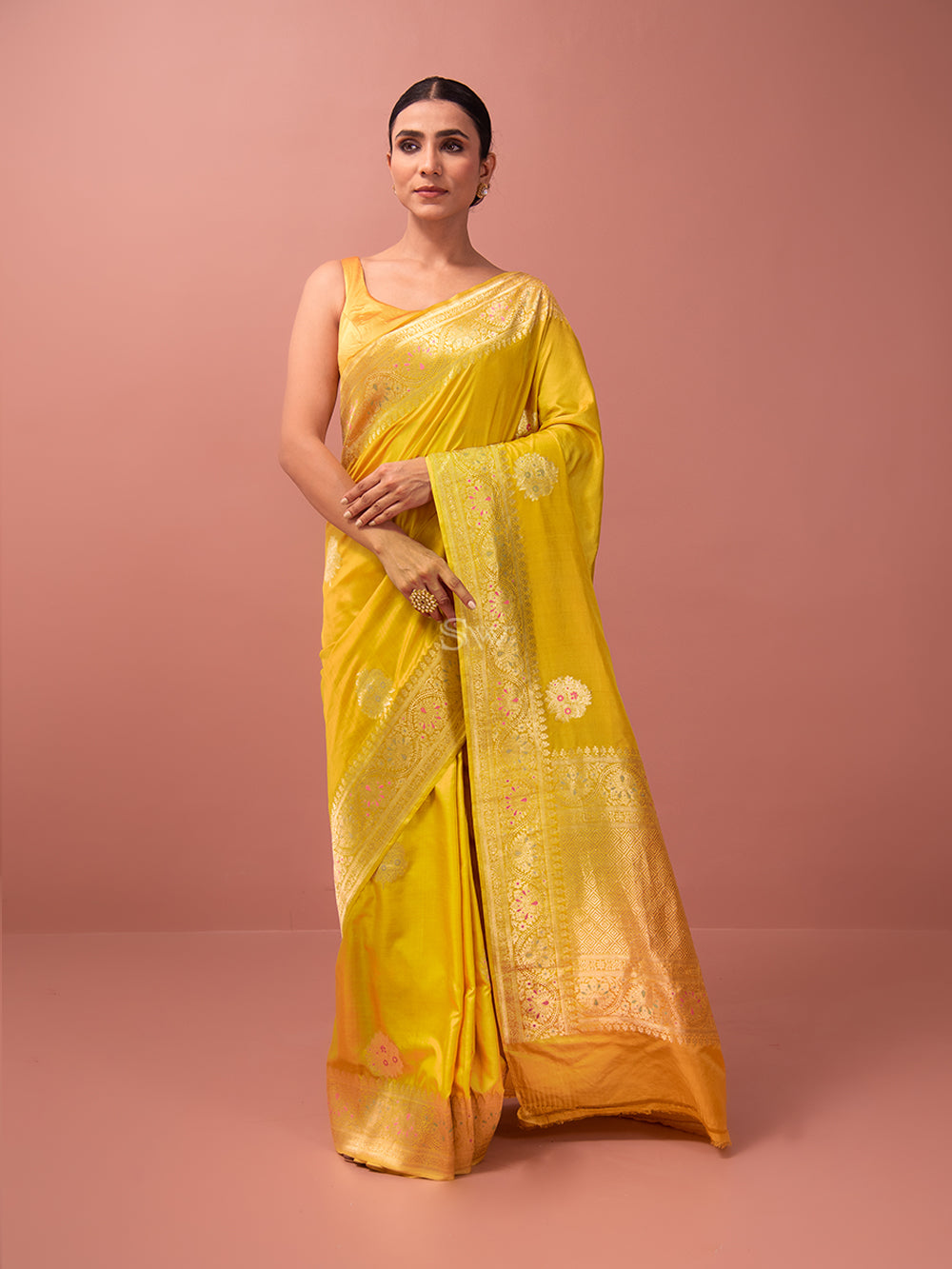 Mustard Mashru Satin Silk Handloom Banarasi Saree