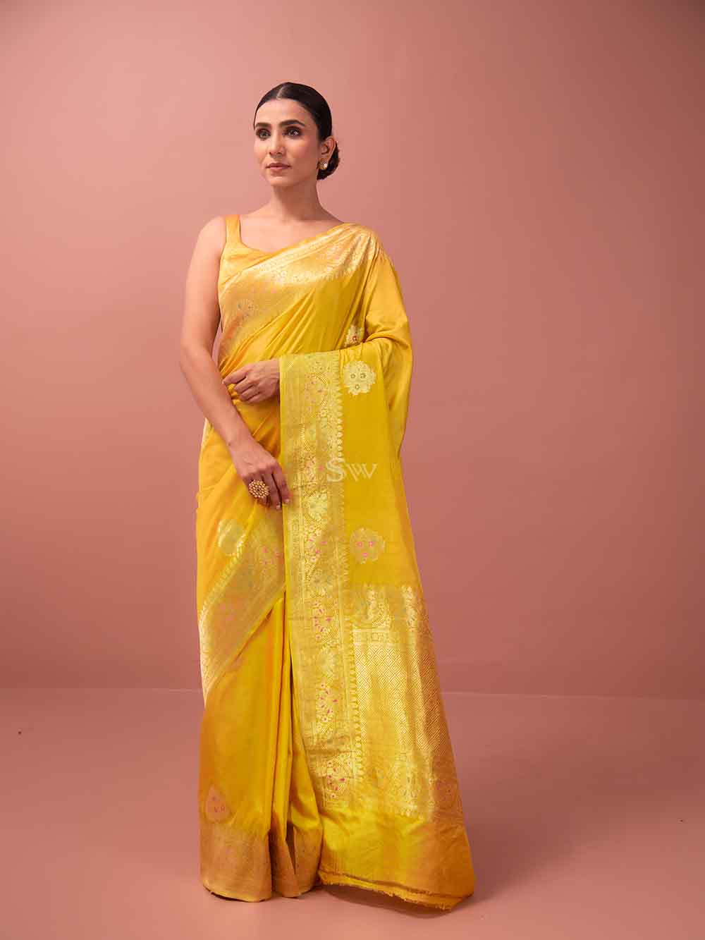 Mustard Mashru Satin Silk Handloom Banarasi Saree