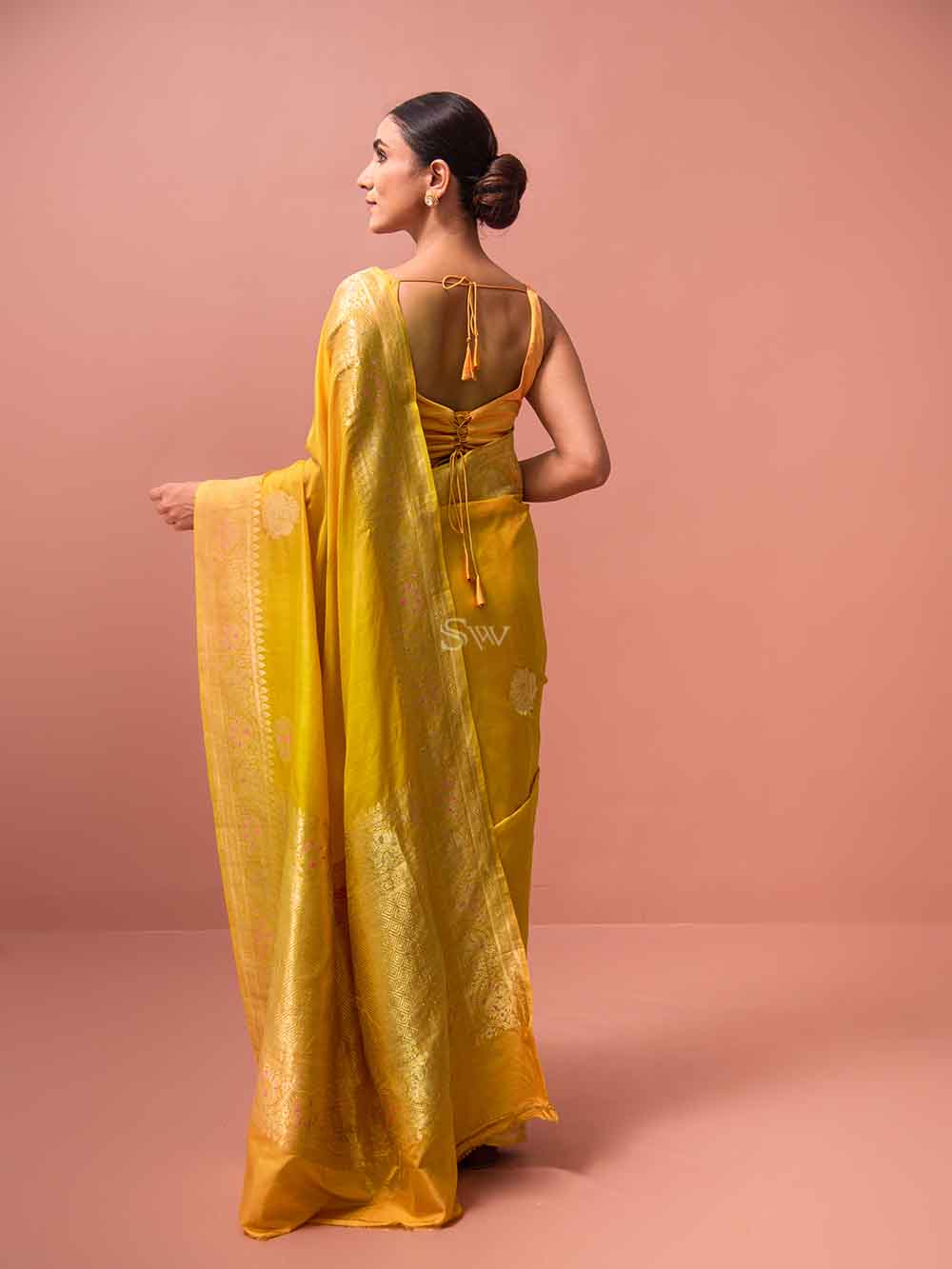 Mustard Mashru Satin Silk Handloom Banarasi Saree