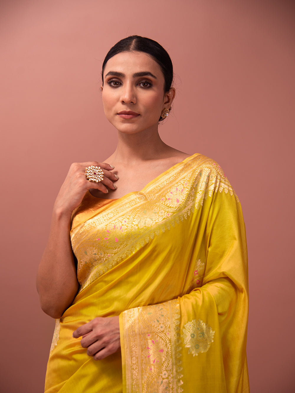 Mustard Mashru Satin Silk Handloom Banarasi Saree