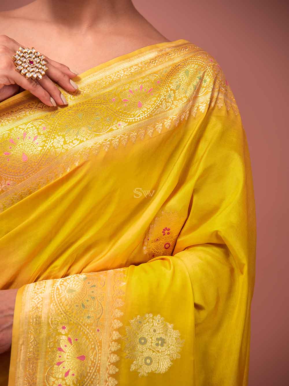 Mustard Mashru Satin Silk Handloom Banarasi Saree