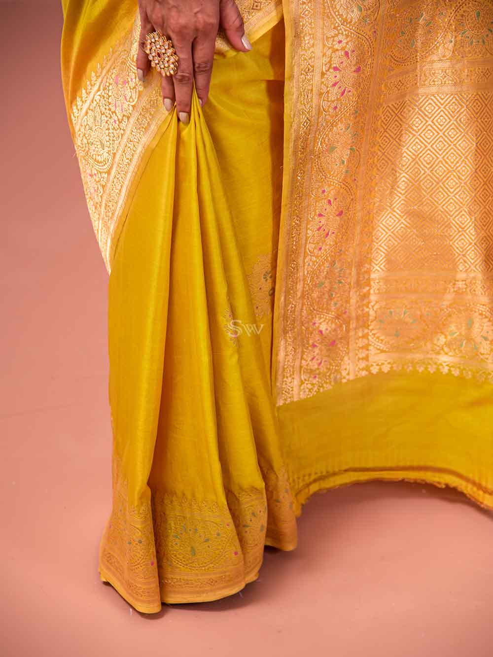 Mustard Mashru Satin Silk Handloom Banarasi Saree
