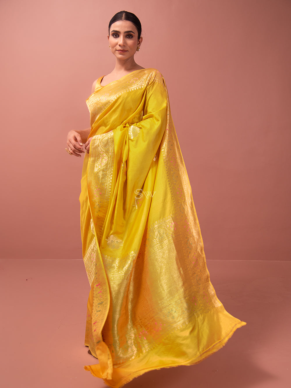 Mustard Mashru Satin Silk Handloom Banarasi Saree