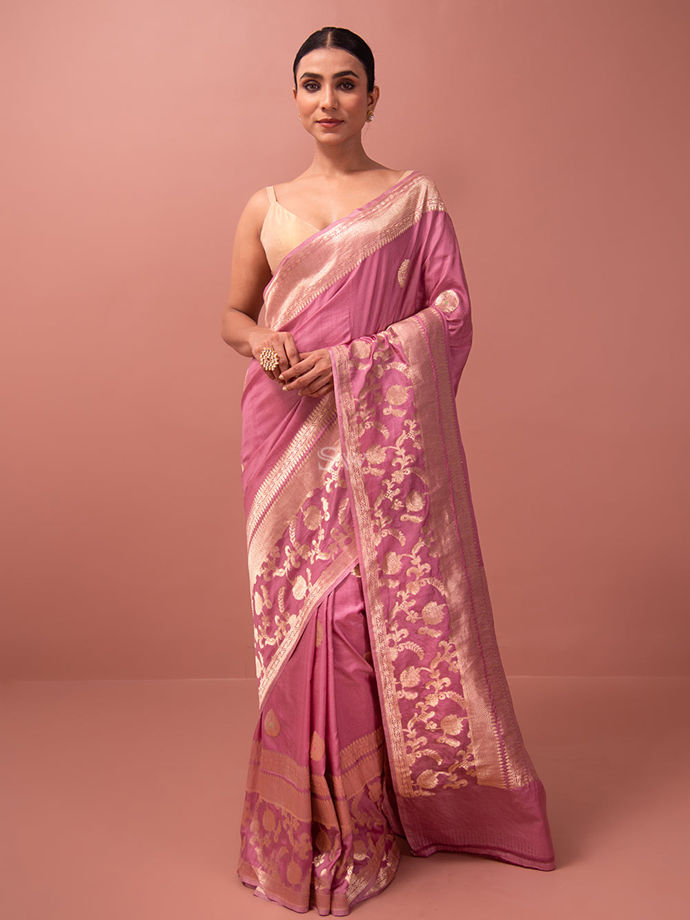 Onion Pink Mashru Satin Silk Handloom Banarasi Saree - Sacred Weaves