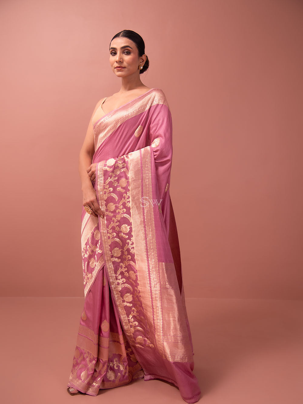 Onion Pink Mashru Satin Silk Handloom Banarasi Saree - Sacred Weaves