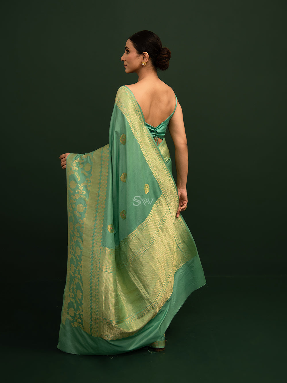 Sea Green Mashru Satin Silk Handloom Banarasi Saree - Sacred Weaves