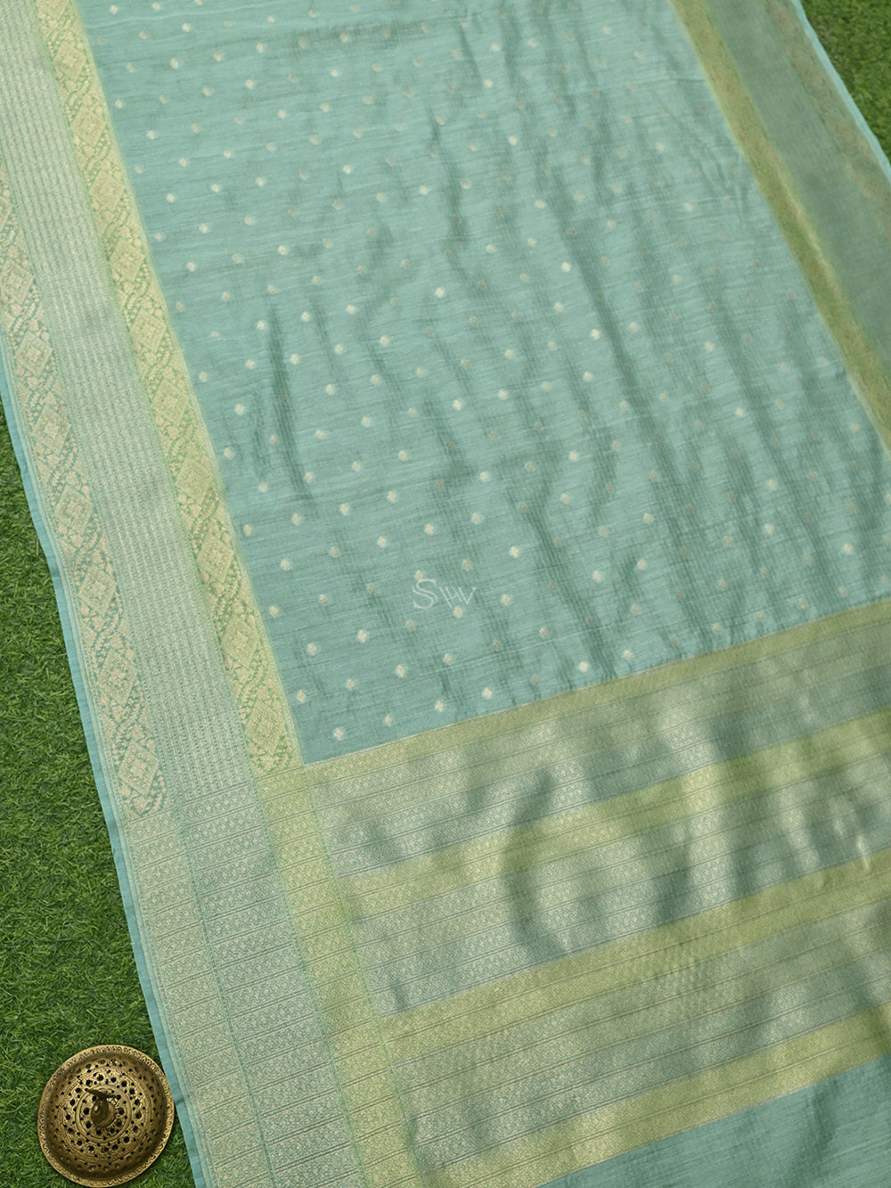 Pastel Green Stripe Moonga Silk Handloom Banarasi Saree - Sacred Weaves