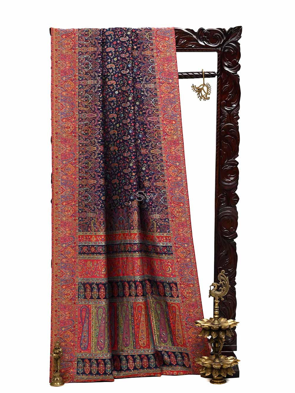 Navy Blue Pashmina Moonga Silk Handloom Banarasi Saree - Sacred Weaves