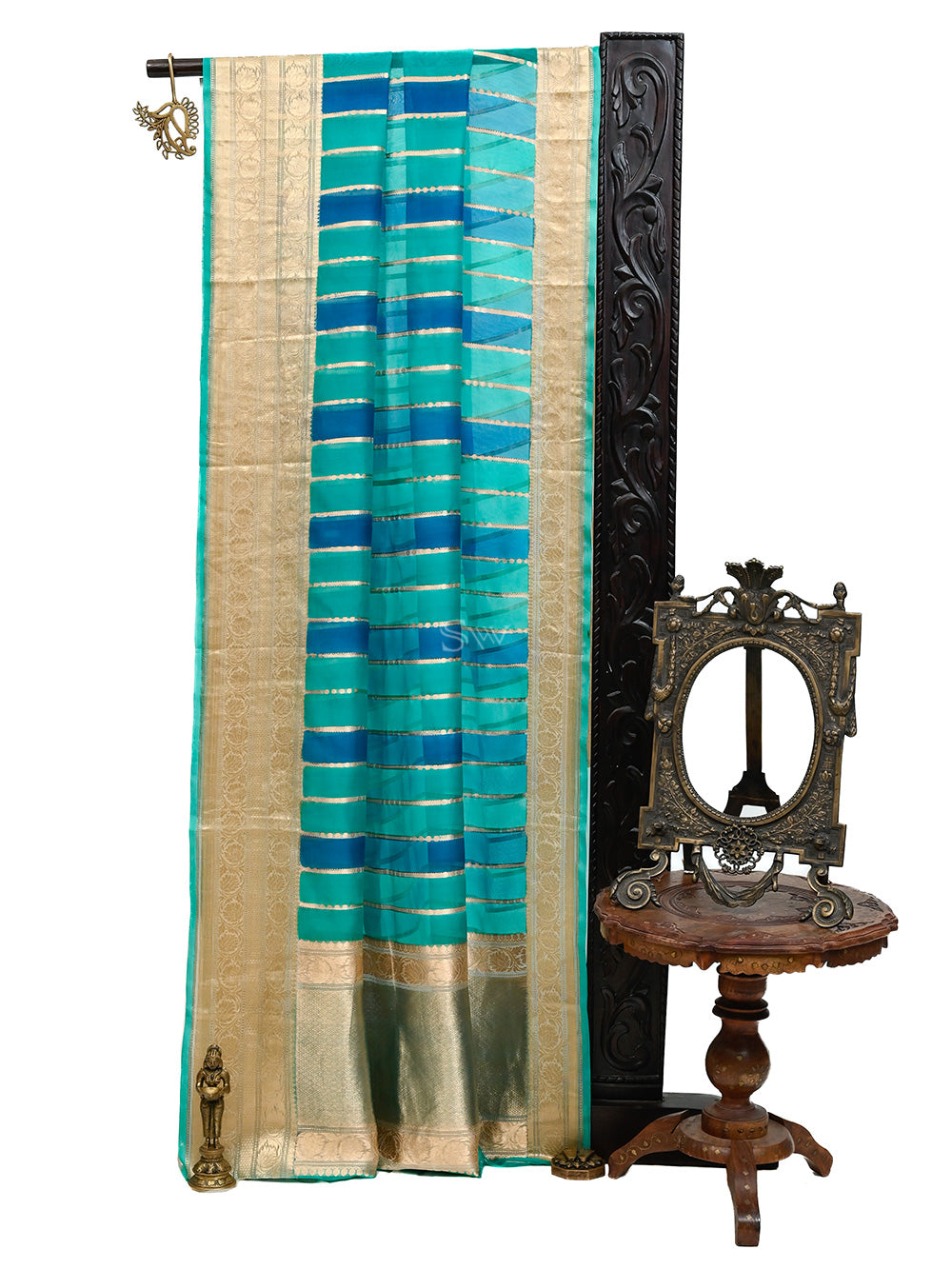 Royal Blue Green Rangkat Organza Handloom Banarasi Saree - Sacred Weaves