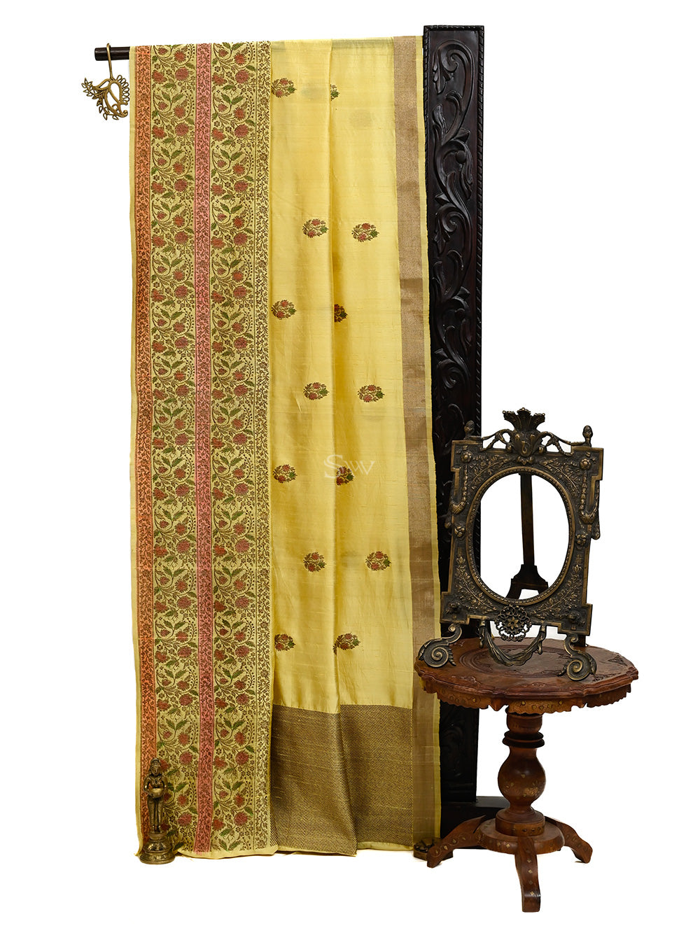 Yellow Broad Border Dupion Silk Handloom Banarasi Saree - Sacred Weaves