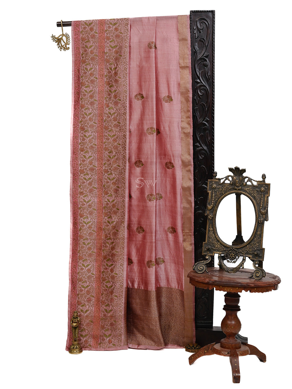 Onion Pink Broad Border Dupion Silk Handloom Banarasi Saree - Sacred Weaves