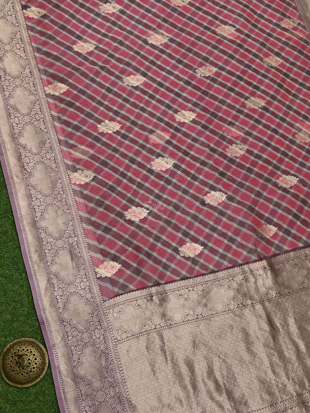 Pink Purple Booti Organza Printed Banarasi Saree - Sacred Weaves