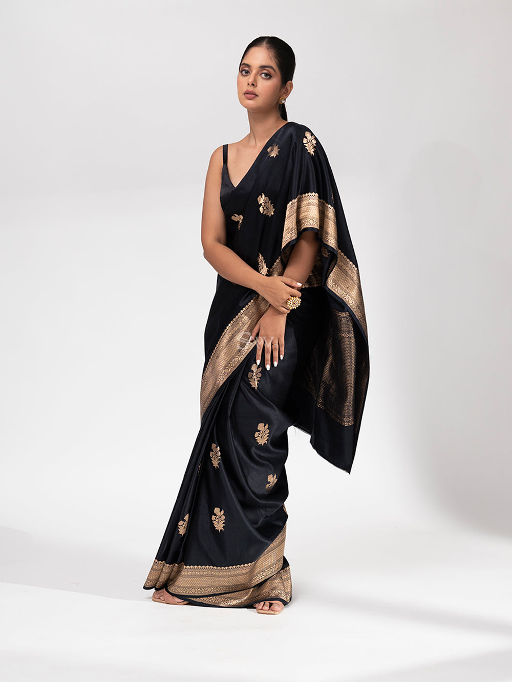 Black Boota Satin Silk Handloom Banarasi Saree - Sacred Weaves