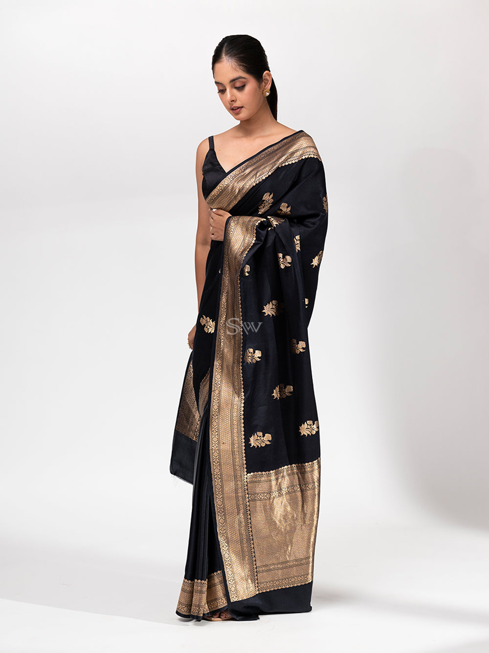 Black Boota Satin Silk Handloom Banarasi Saree - Sacred Weaves