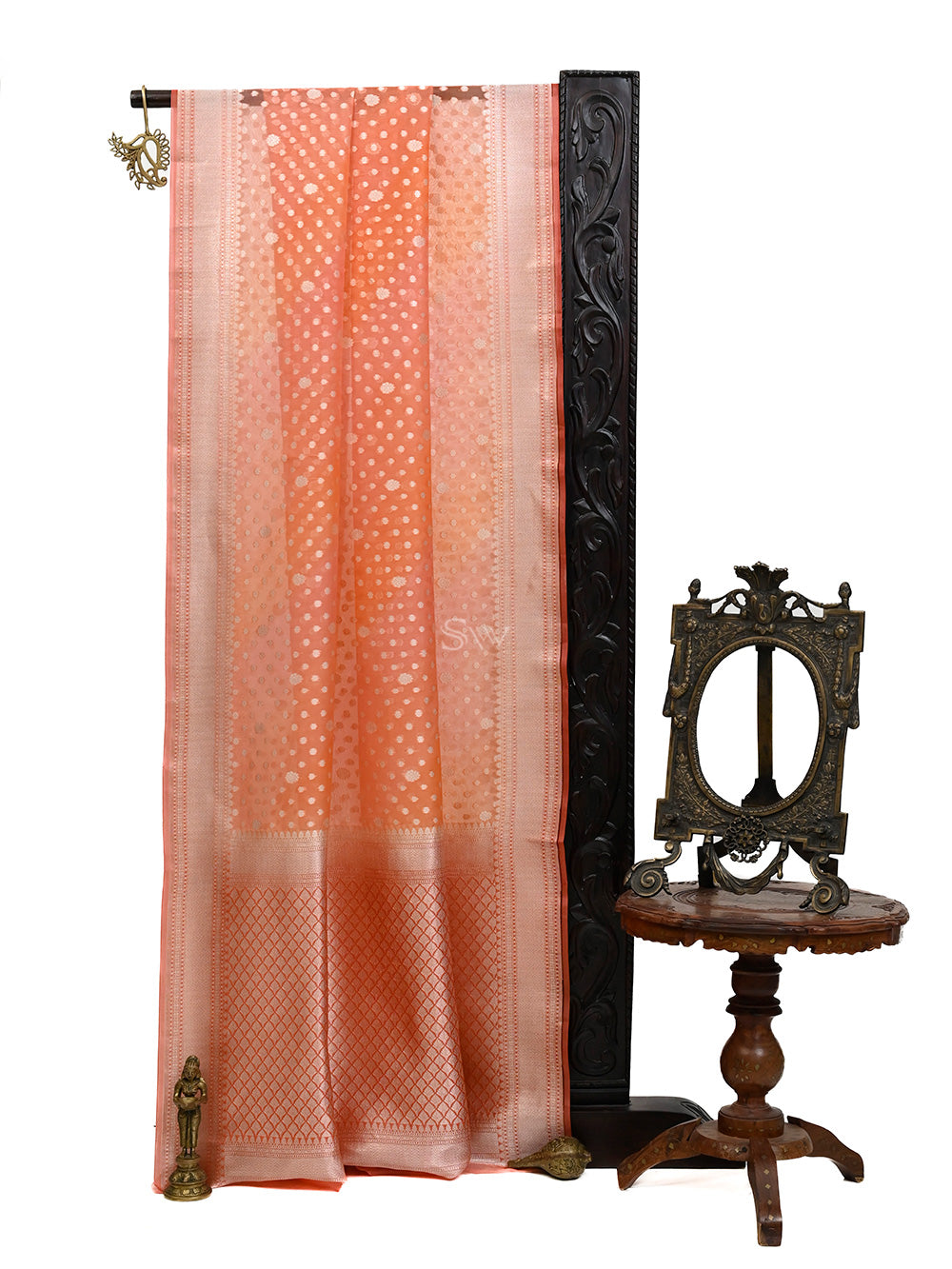 Pastel Pink Orange Rangkat Organza Handloom Banarasi Saree - Sacred Weaves