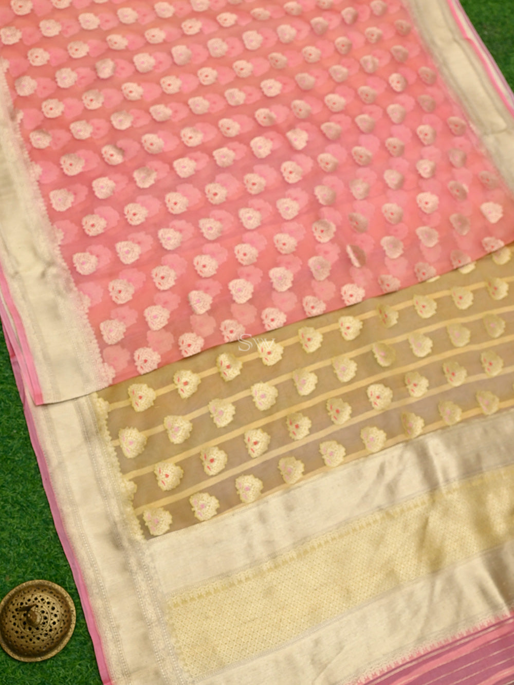 Pastel Yellow Pink Meenakari Organza Handloom Banarasi Saree