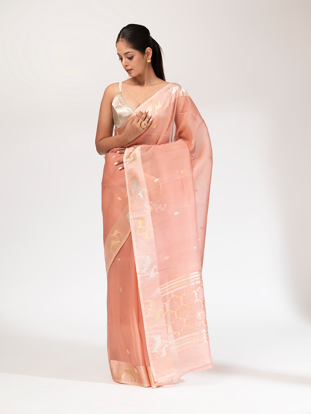 Rose Gold Booti Organza Handloom Banarasi Saree - Sacred Weaves