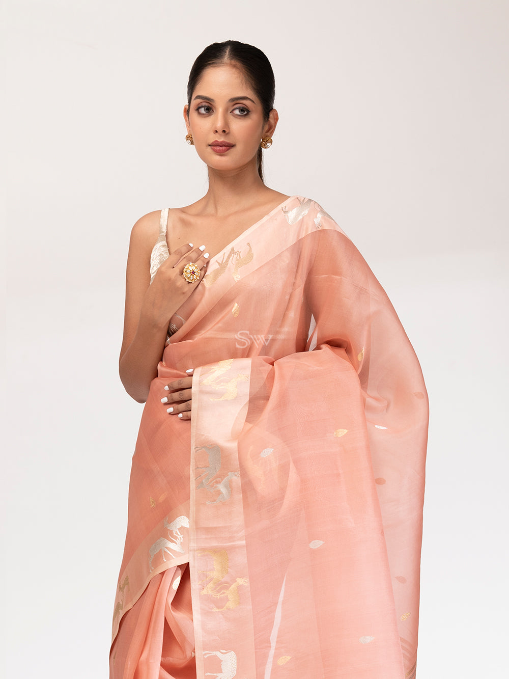 Rose Gold Booti Organza Handloom Banarasi Saree - Sacred Weaves