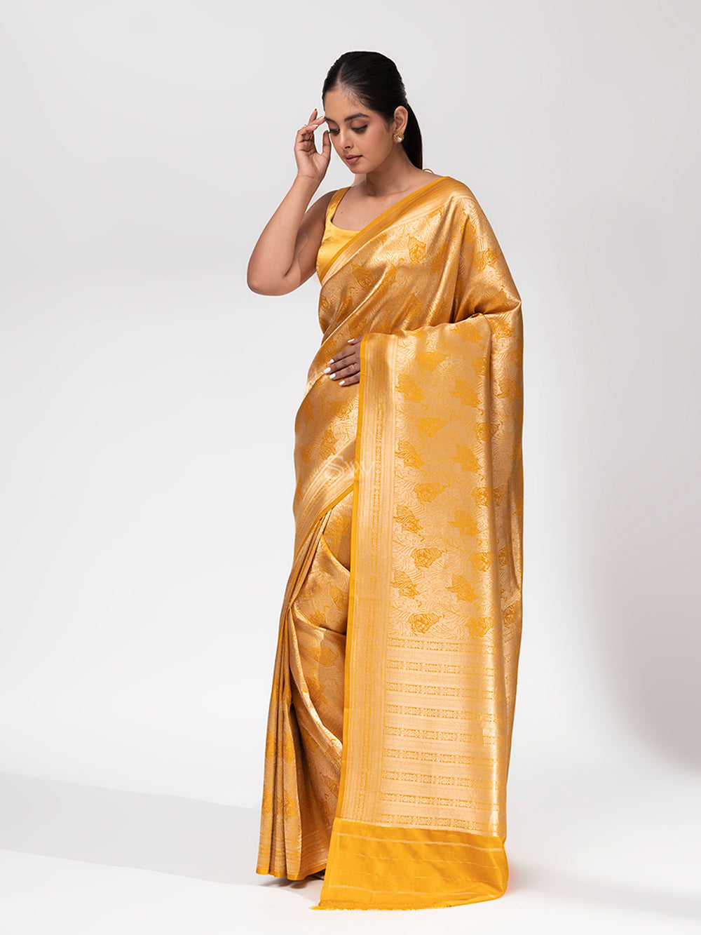 Mustard Katan Silk Shikargah Brocade Handloom Banarasi Saree - Sacred Weaves