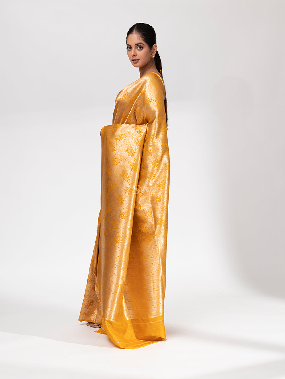 Mustard Katan Silk Shikargah Brocade Handloom Banarasi Saree - Sacred Weaves