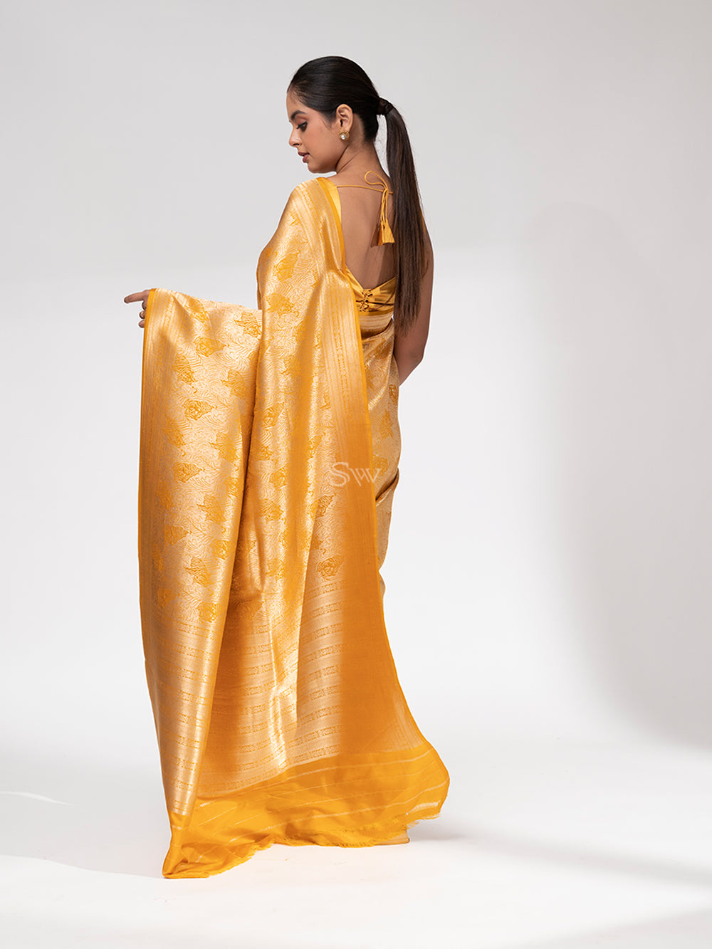 Mustard Katan Silk Shikargah Brocade Handloom Banarasi Saree - Sacred Weaves