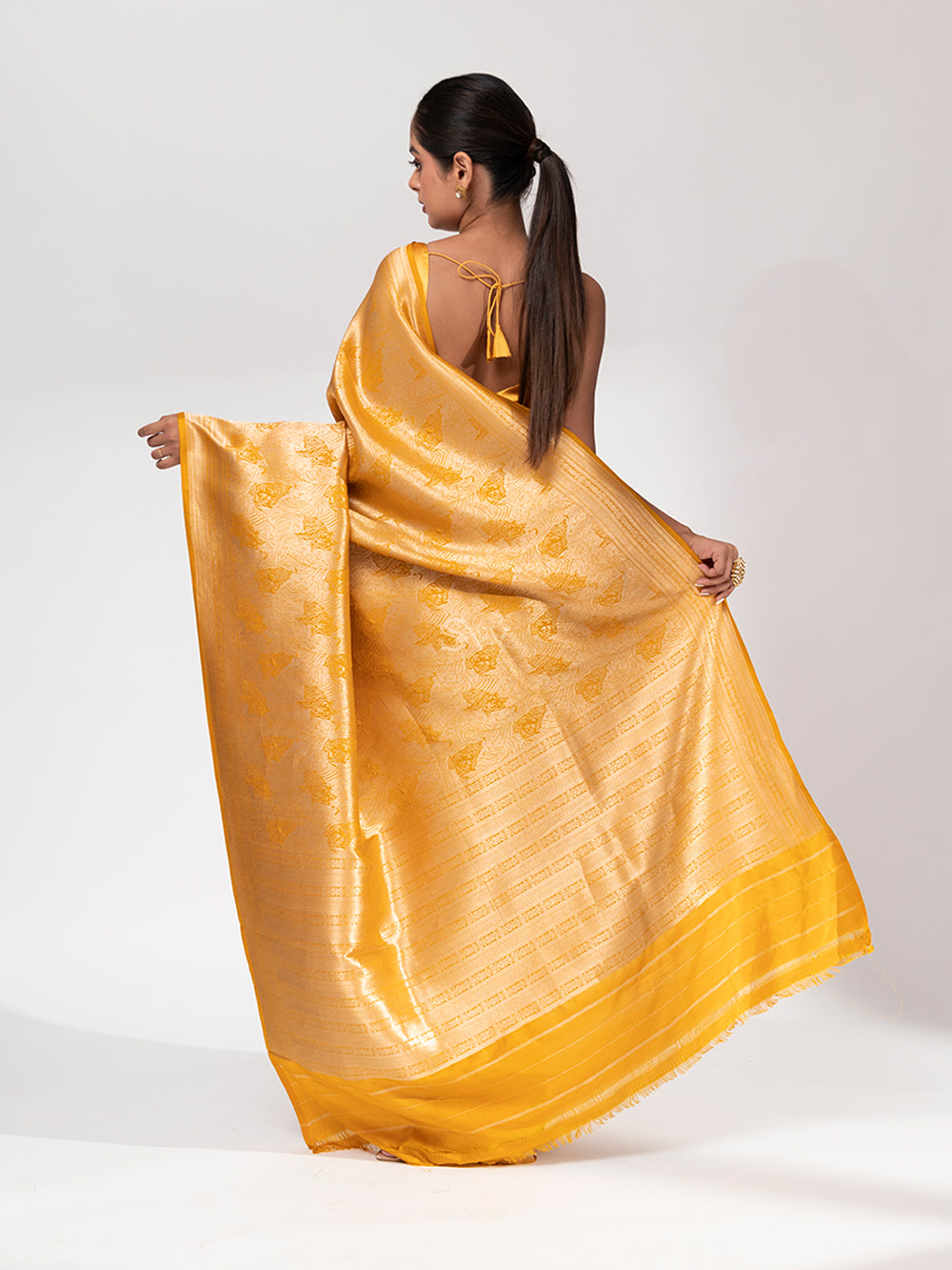 Mustard Katan Silk Shikargah Brocade Handloom Banarasi Saree - Sacred Weaves