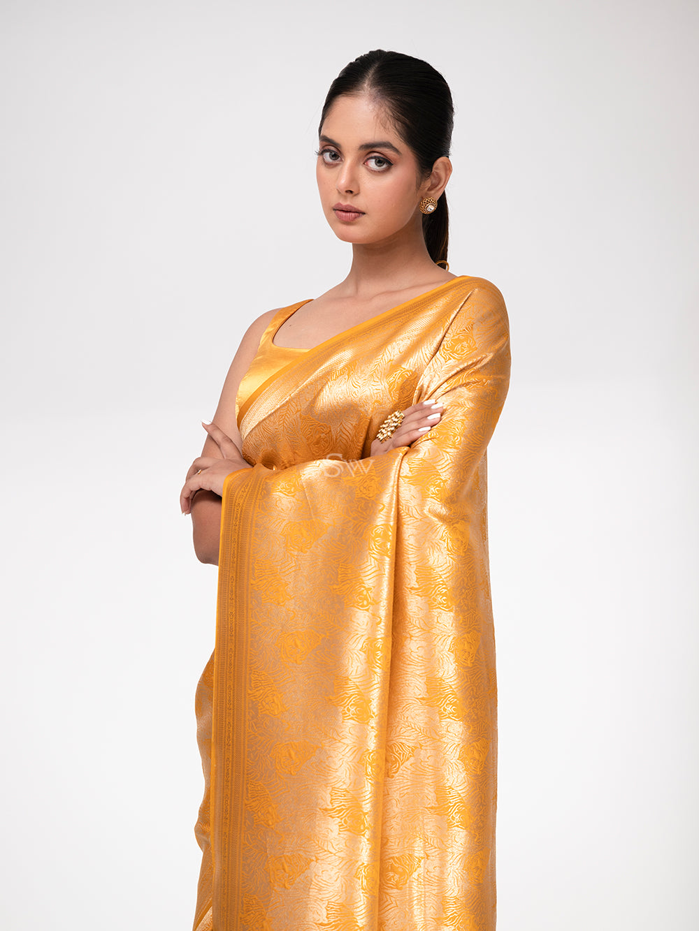 Mustard Katan Silk Shikargah Brocade Handloom Banarasi Saree - Sacred Weaves