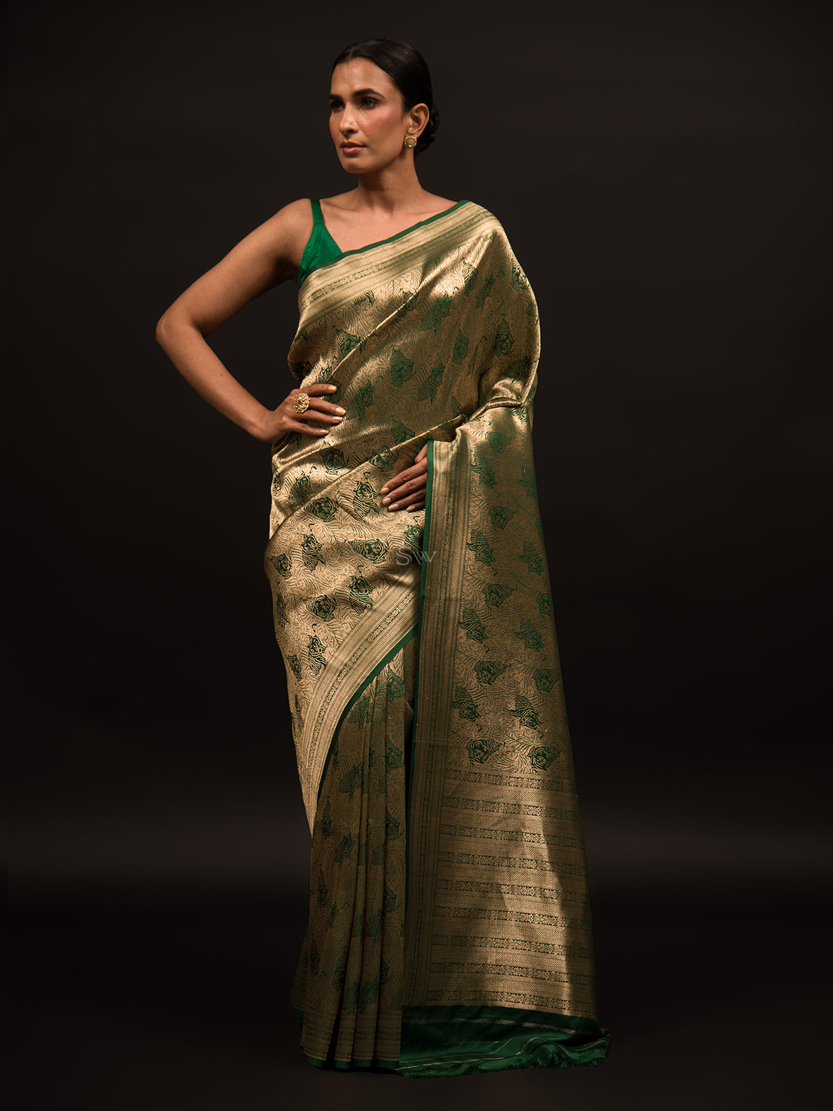 Bottle Green Katan Silk Shikargah Brocade Handloom Banarasi Saree - Sacred Weaves