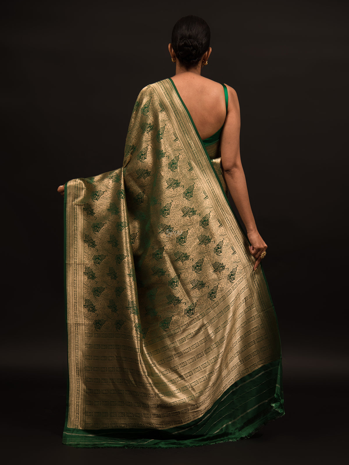 Bottle Green Katan Silk Shikargah Brocade Handloom Banarasi Saree - Sacred Weaves