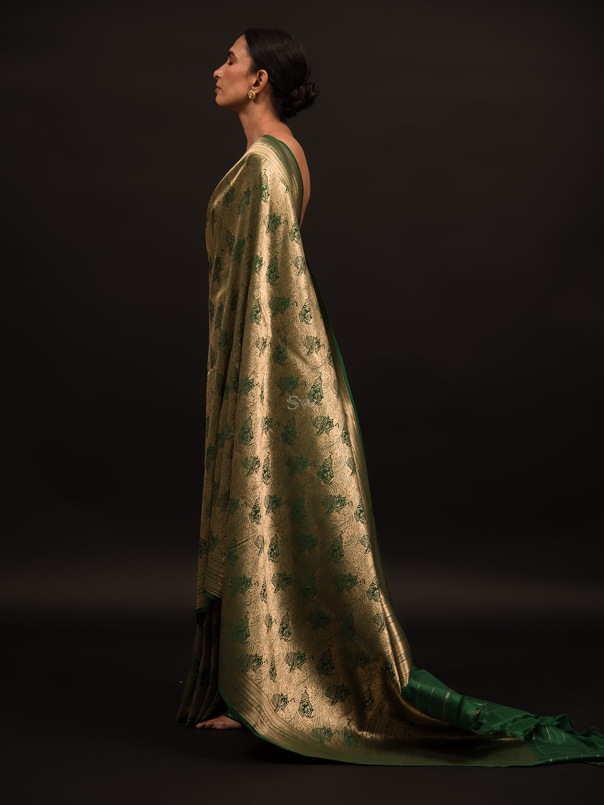 Bottle Green Katan Silk Shikargah Brocade Handloom Banarasi Saree - Sacred Weaves