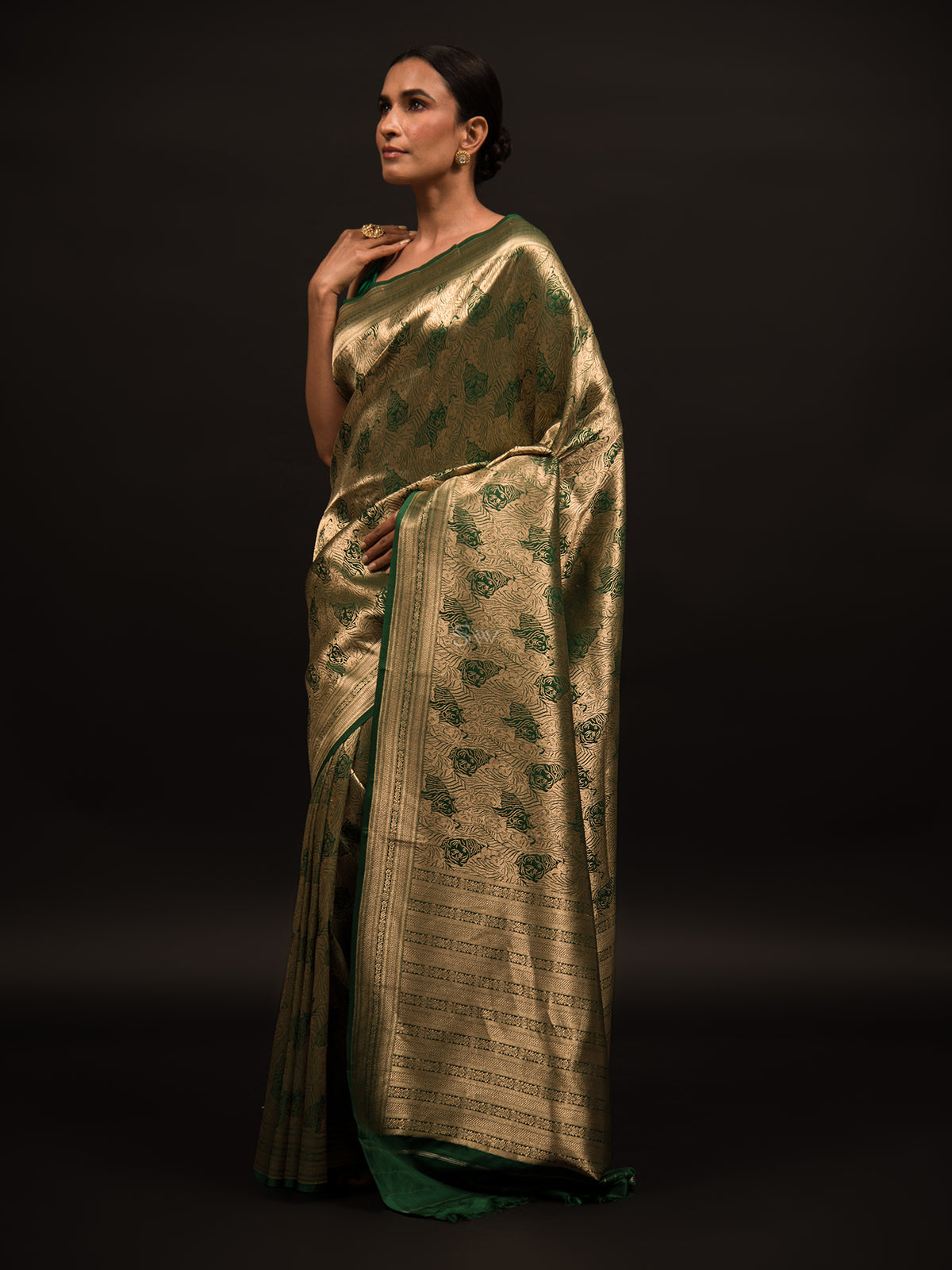 Bottle Green Katan Silk Shikargah Brocade Handloom Banarasi Saree - Sacred Weaves