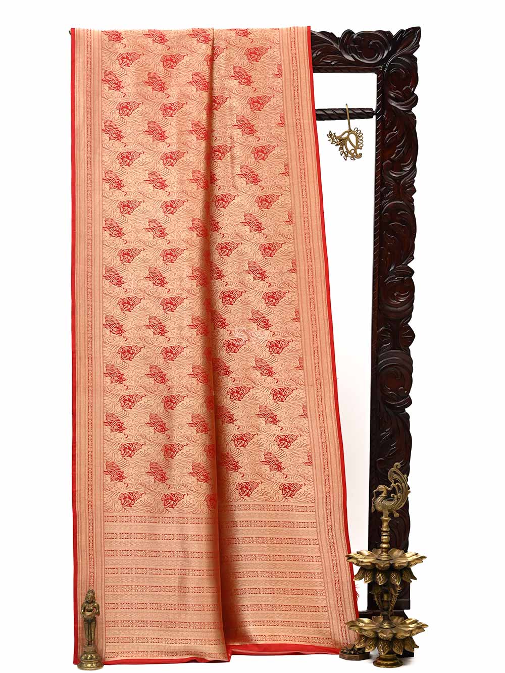 Red Katan Silk Shikargah Brocade Handloom Banarasi Saree - Sacred Weaves