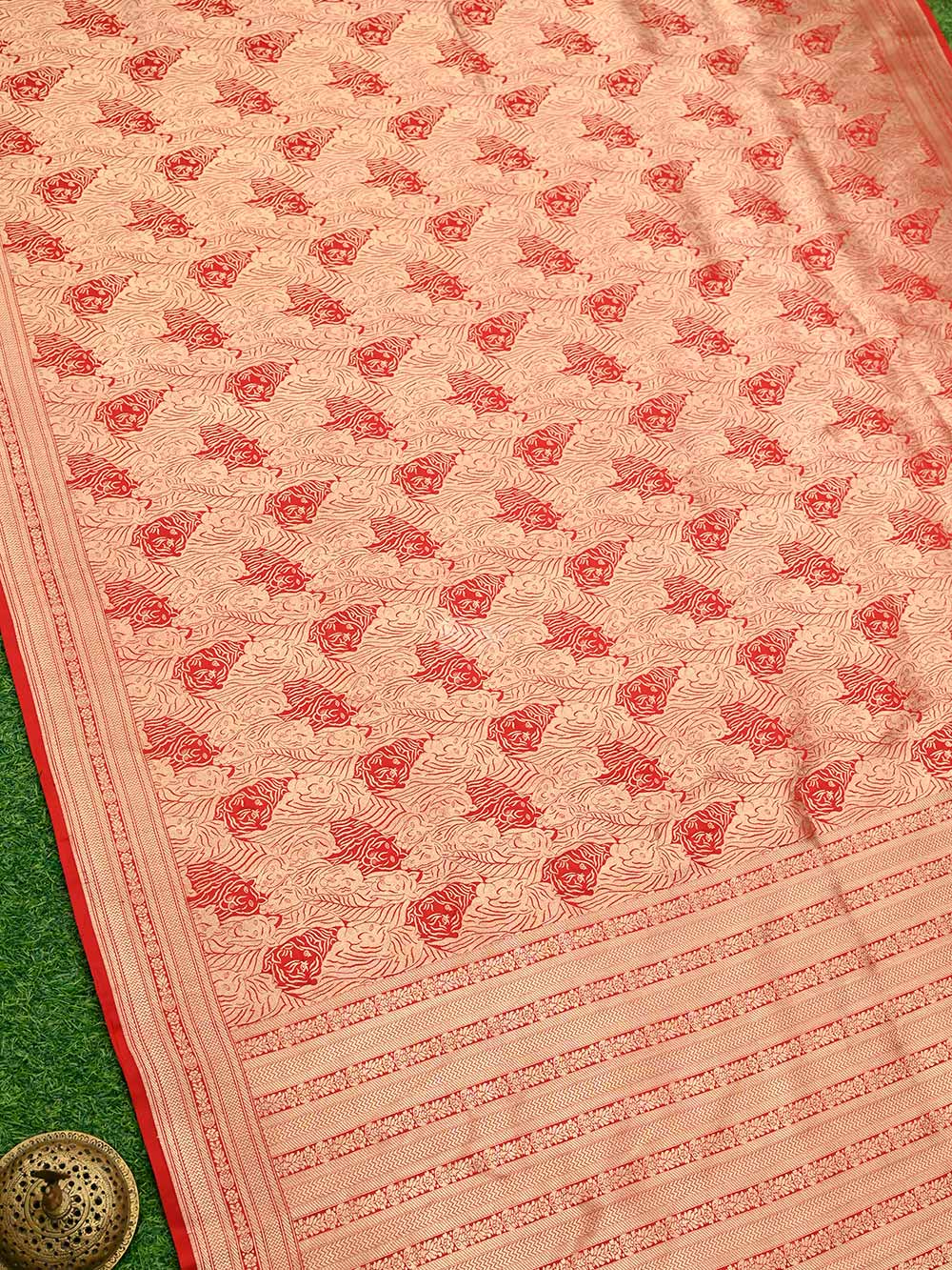 Red Katan Silk Shikargah Brocade Handloom Banarasi Saree - Sacred Weaves