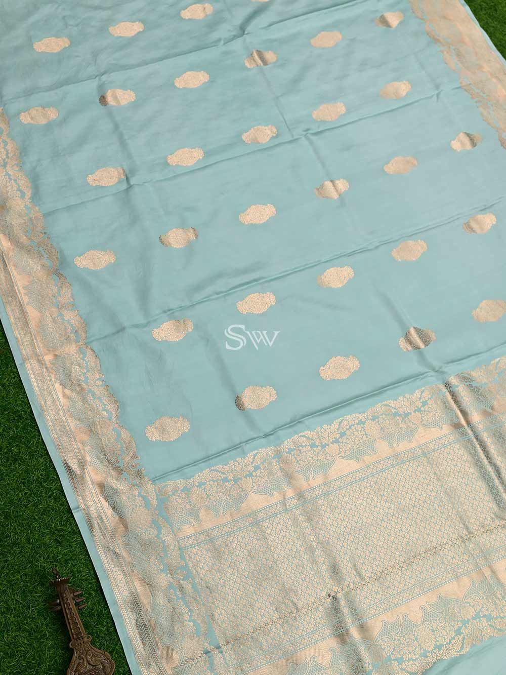 Sea Green Boota Satin Silk Handloom Banarasi Saree -  Sacred Weaves